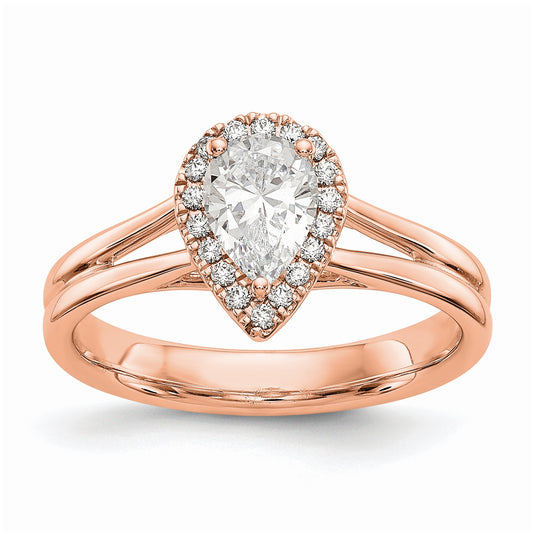 14k Rose Gold Halo (Holds 1/2 carat (7x4.5mm) Pear Center) 1/10 carat Diamond Semi-mount Split Shank Engagement Ring