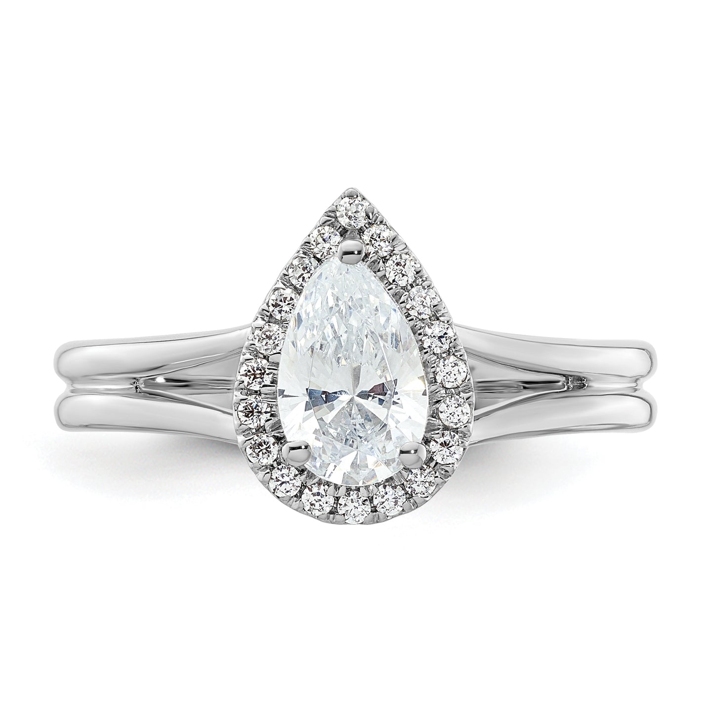 14k White Gold Halo (Holds 3/4 carat (7.7x5mm) Pear Center) 1/8 carat Diamond Semi-mount Split Shank Engagement Ring