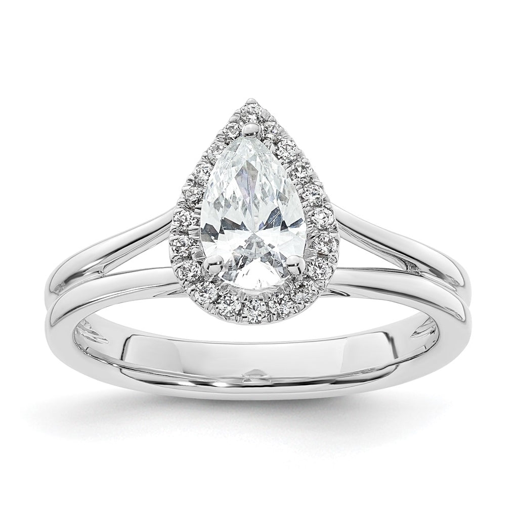 14k White Gold Halo (Holds 3/4 carat (7.7x5mm) Pear Center) 1/8 carat Diamond Semi-mount Split Shank Engagement Ring