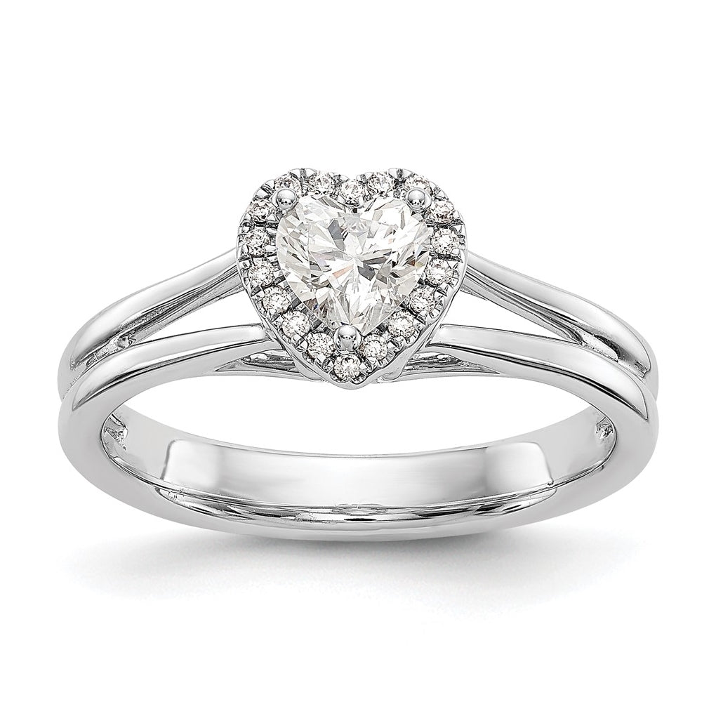 14k White Gold Halo (Holds 1/4 carat (4.2mm) Heart Center) 1/20 carat Diamond Semi-mount Split Shank Engagement Ring