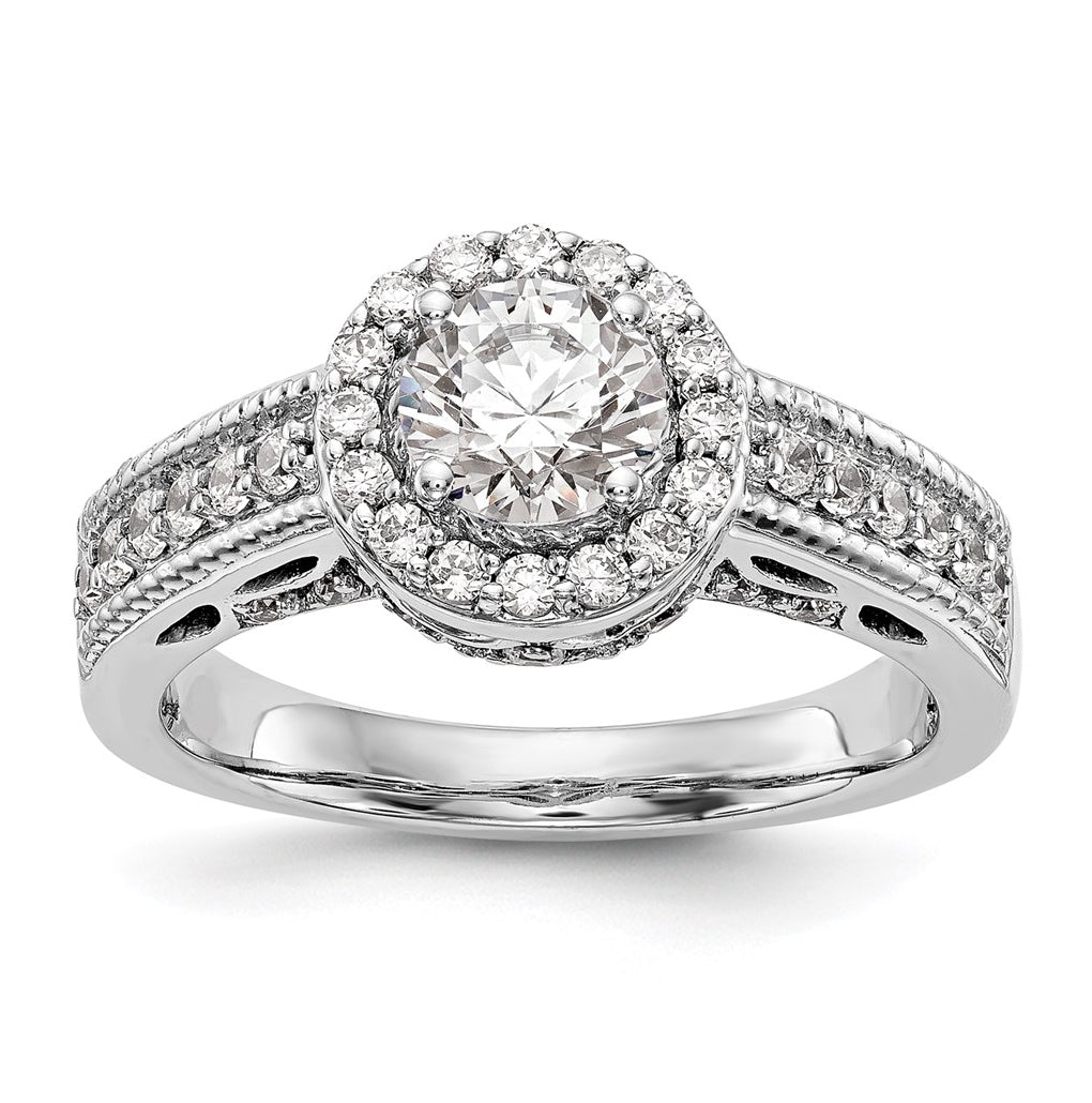 14K White Gold Halo Plus (Holds 3/4 carat (5.8mm) Round Center) 1/2 carat Diamond Semi-Mount Engagement Ring,  3.9 to 1.7 mm (tapered)