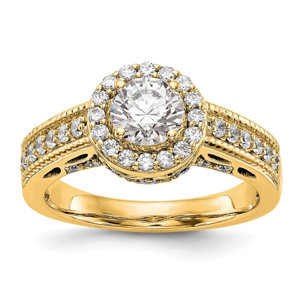 14K Yellow Gold Halo Plus (Holds 3/4 carat (5.8mm) Round Center) 1/2 carat Diamond Semi-Mount Engagement Ring