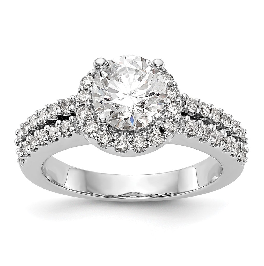 14K White Gold Halo Plus (Holds 1 carat (6.5mm) Round Center) 1/2 carat Diamond Semi-Mount Engagement Ring,  4 to 2.2 mm (tapered)
