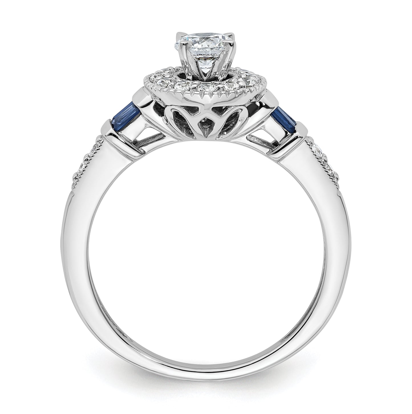 14K White Gold Halo Plus (Holds 3/8 carat (4.5mm) Round Center) 1/5 carat Diamond and Sapphire Semi-Mount Engagement Ring