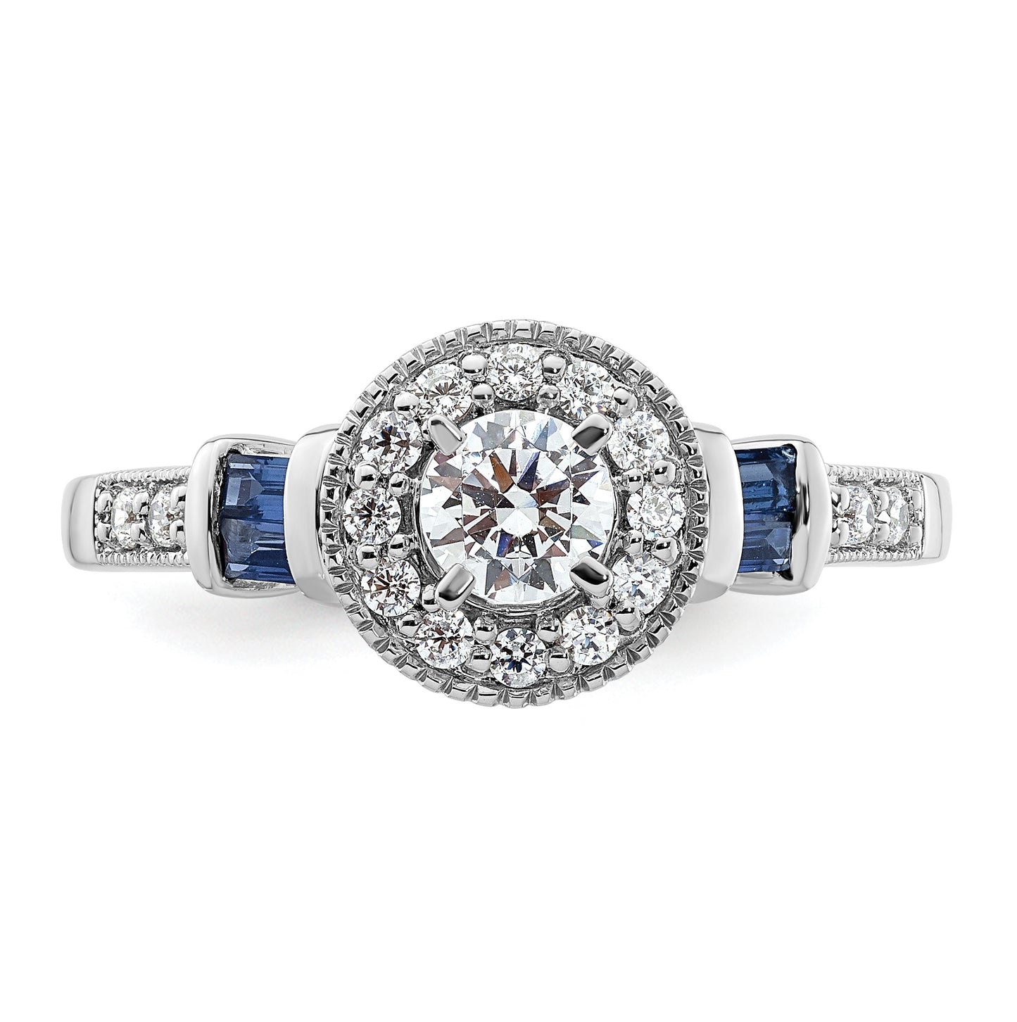 14K White Gold Halo Plus (Holds 3/8 carat (4.5mm) Round Center) 1/5 carat Diamond and Sapphire Semi-Mount Engagement Ring