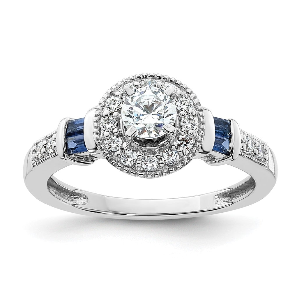 14K White Gold Halo Plus (Holds 3/8 carat (4.5mm) Round Center) 1/5 carat Diamond and Sapphire Semi-Mount Engagement Ring