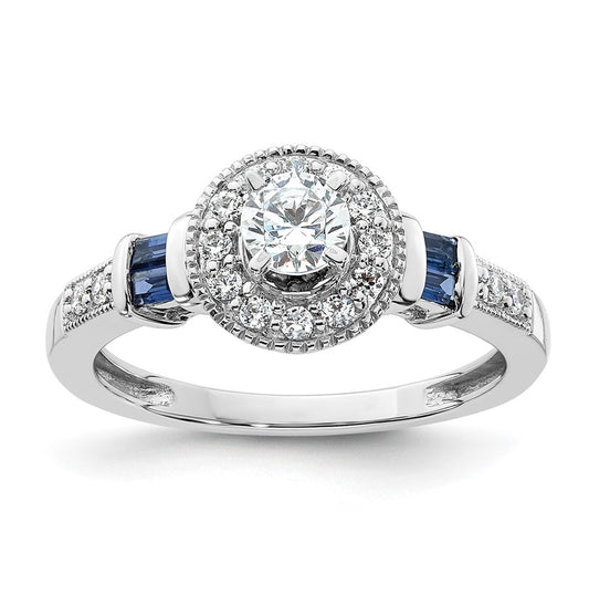 14K White Gold Halo Plus (Holds 3/8 carat (4.5mm) Round Center) 1/5 carat Diamond and Sapphire Semi-Mount Engagement Ring