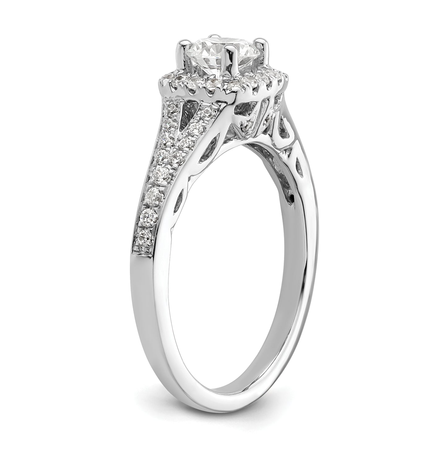 14k White Gold Halo Plus (Holds 1/2 carat (5.2mm) Round Center) 1/3 carat Diamond Semi-Mount Engagement Ring,  2.5 to 2.4 mm (tapered)