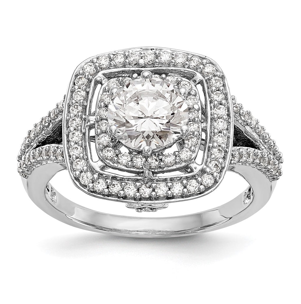 14K White Gold Double Halo (Holds 1 carat (6..5mm) Round Center) 1/2 carat Diamond Semi-Mount Engagement Ring