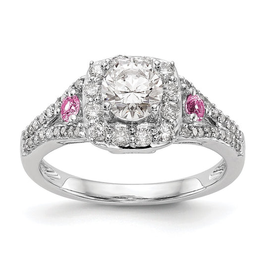 14K White Gold Halo Plus (Holds 1/2 carat (5.2mm) Round Center) 1/2 carat Diamond and Pink Sapphire Semi-Mount Engagement Ring