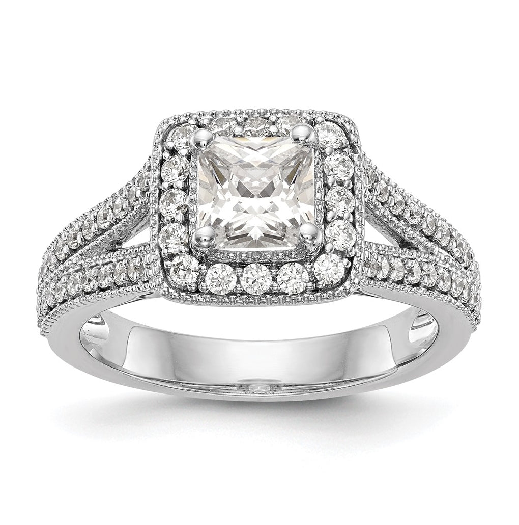 14K White Gold Halo Plus (Holds 1 carat (5.7mm) Princess Center) 3/8 carat Diamond Semi-Mount Engagement Ring
