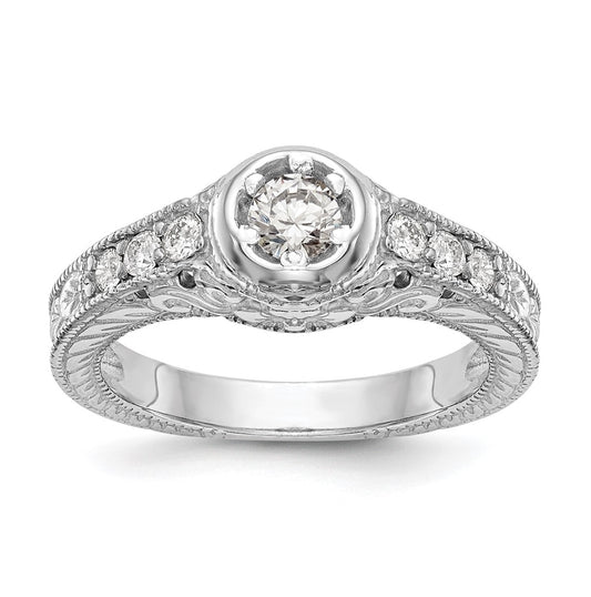 14K White Gold Floral (Holds 1/4 carat (4.00mm) Round Center Bezel) 1/4 carat Diamond Semi-Mount Engagement Ring