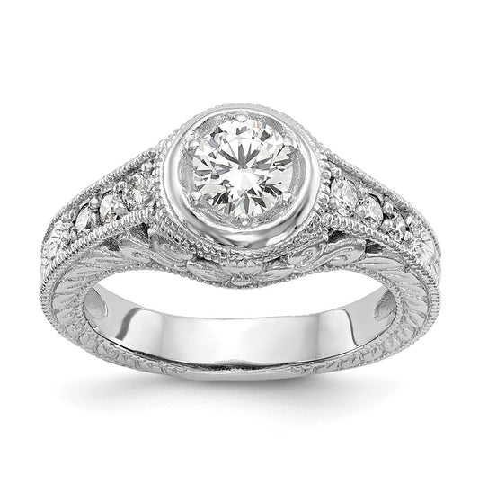 14K White Gold Floral (Holds 1/2 carat (5.00mm) Round Center Bezel) 1/4 carat Diamond Semi-Mount Engagement Ring