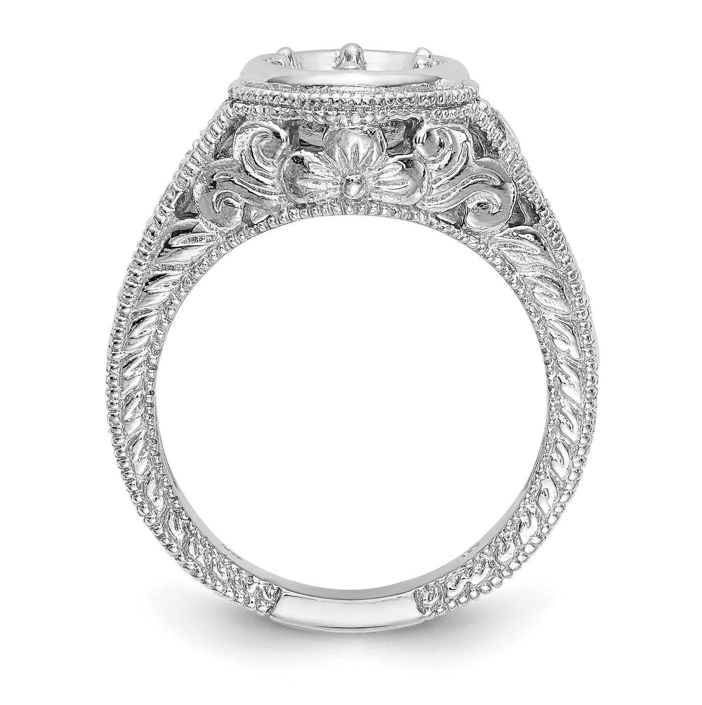 14K White Gold Floral (Holds 5/8 carat (5.7mm) Round Center Bezel) 1/4 carat Diamond Semi-Mount Engagement Ring