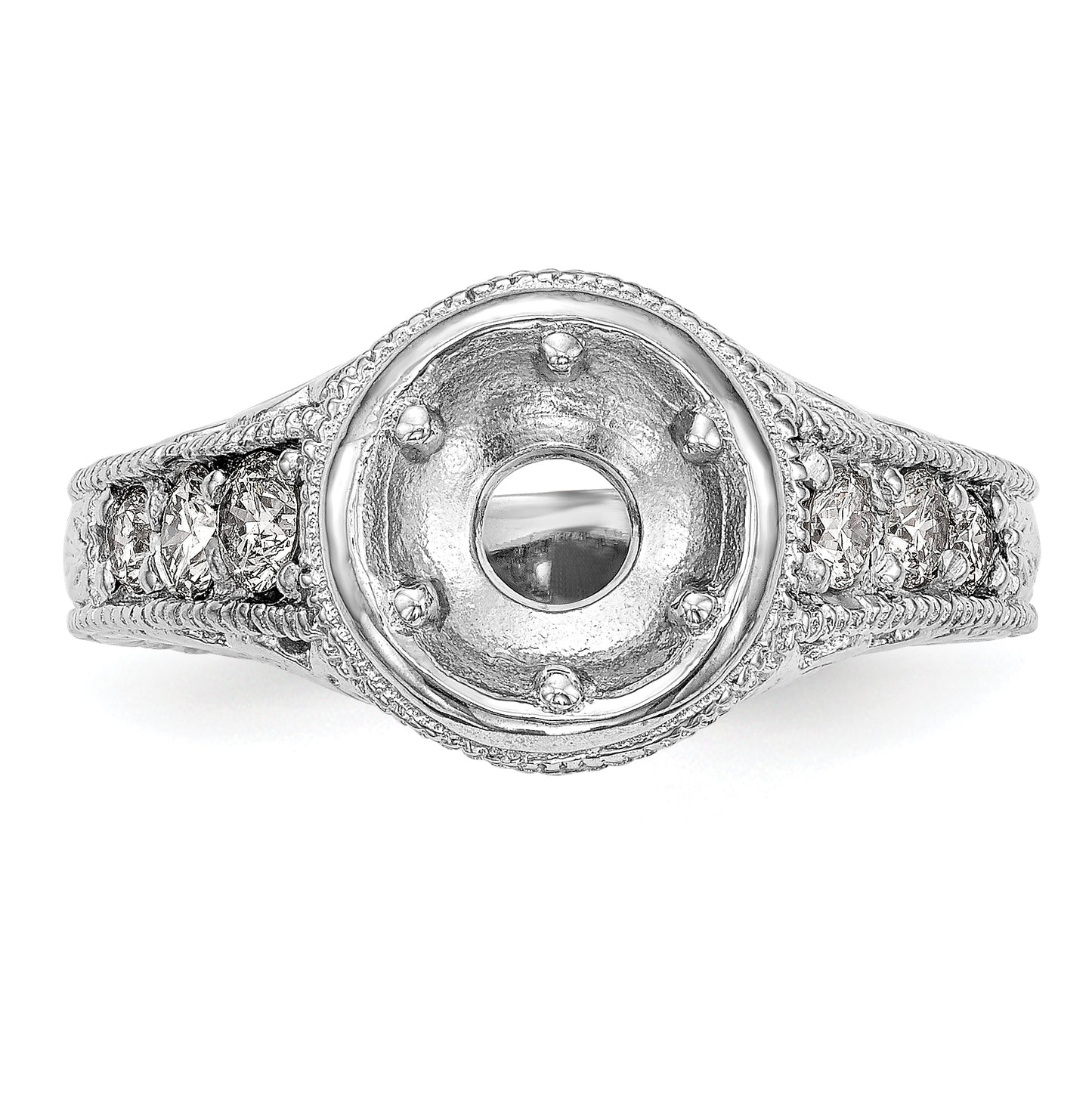14K White Gold Floral (Holds 5/8 carat (5.7mm) Round Center Bezel) 1/4 carat Diamond Semi-Mount Engagement Ring