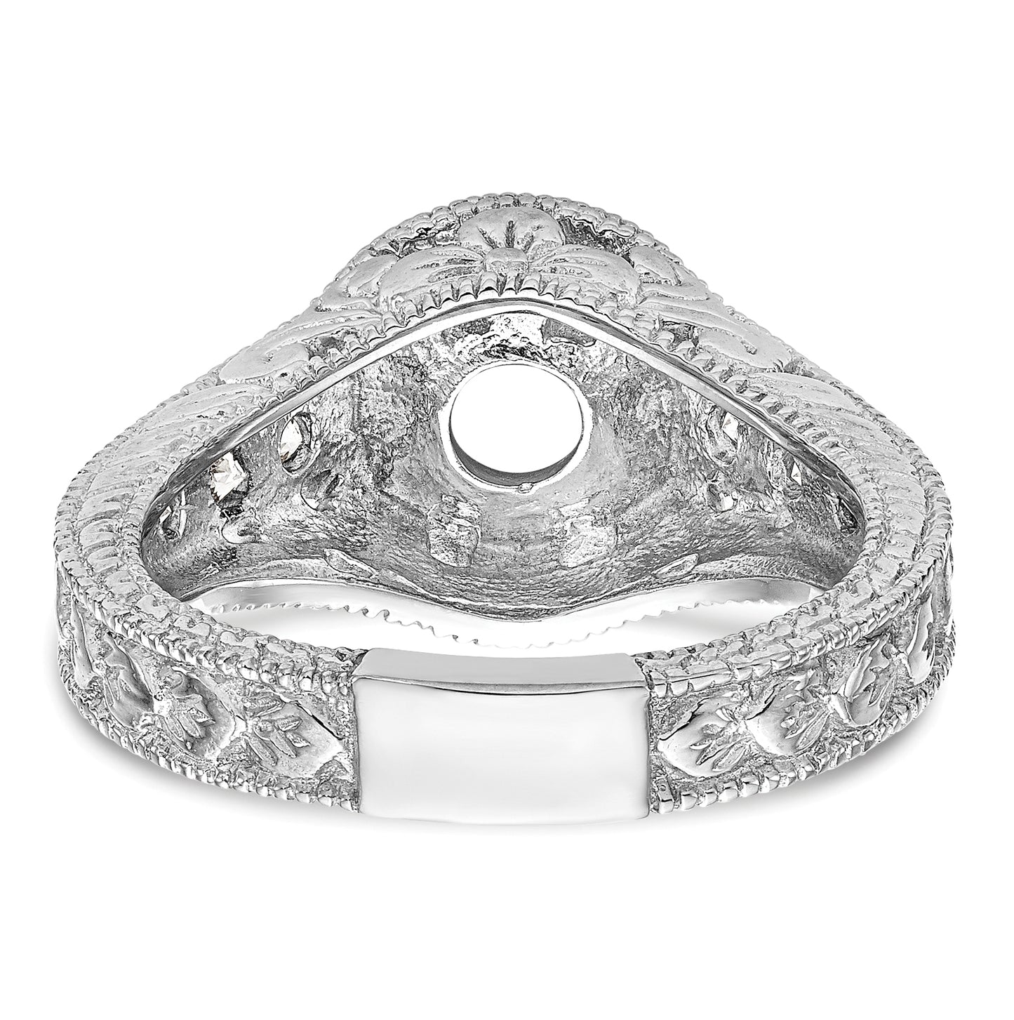 14K White Gold Floral (Holds 5/8 carat (5.7mm) Round Center Bezel) 1/4 carat Diamond Semi-Mount Engagement Ring