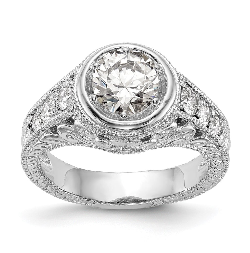 14K White Gold Floral (Holds 5/8 carat (5.7mm) Round Center Bezel) 1/4 carat Diamond Semi-Mount Engagement Ring