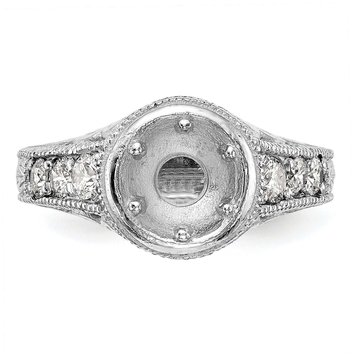 14K White Gold Floral (Holds 3/4 carat (6.00mm) Round Center Bezel) 3/8 carat Diamond Semi-Mount Engagement Ring