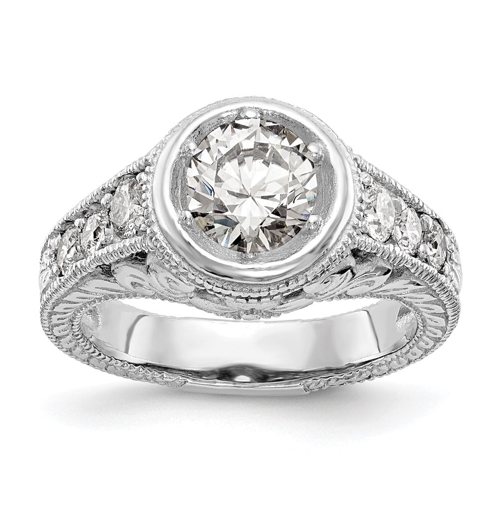 14K White Gold Floral (Holds 3/4 carat (6.00mm) Round Center Bezel) 3/8 carat Diamond Semi-Mount Engagement Ring