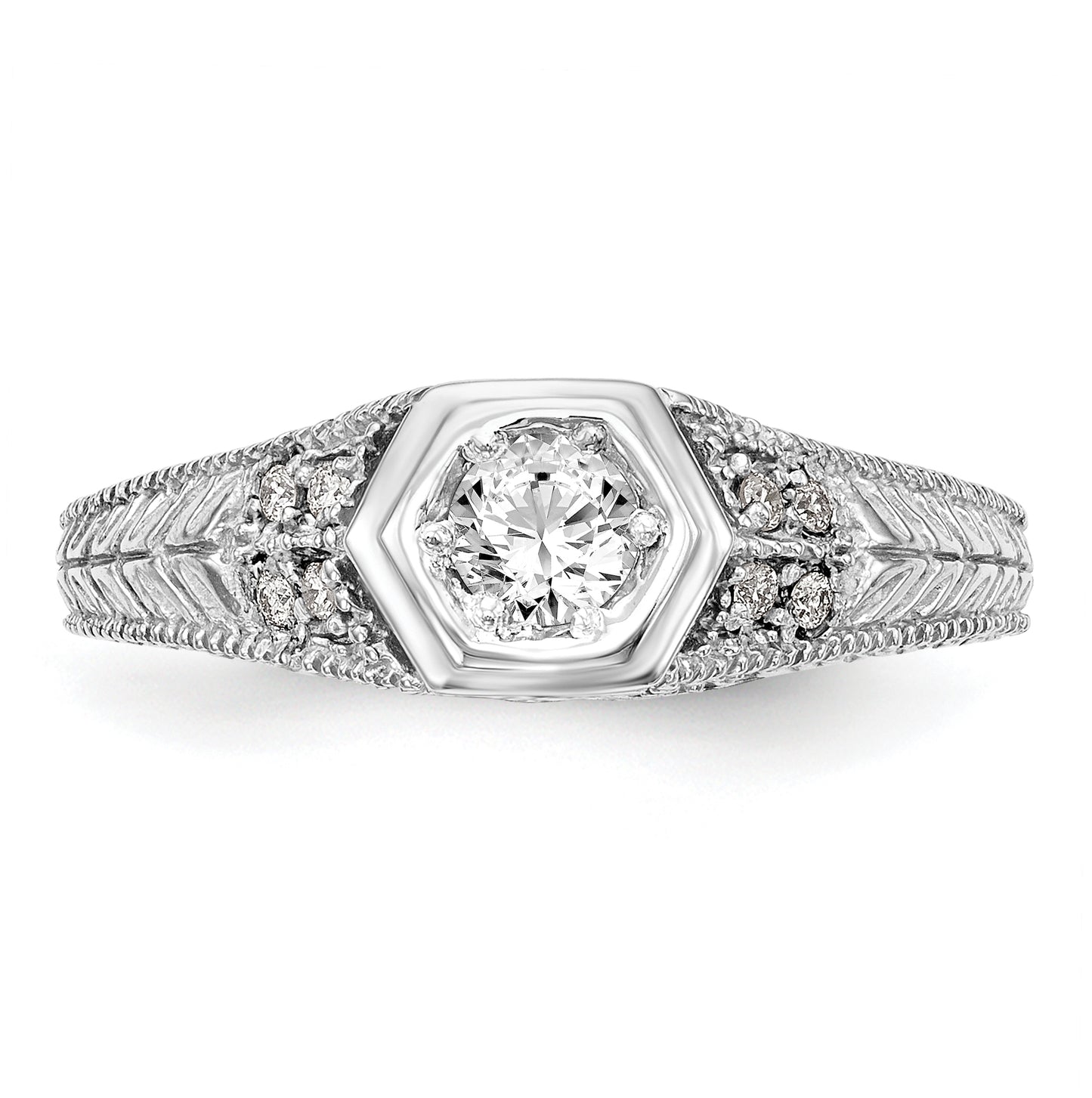 14K White Gold (Holds 1/6 carat (3.5mm) Round Center Hexagon Bezel) 1/20 carat Diamond Semi-Mount Engagement Ring