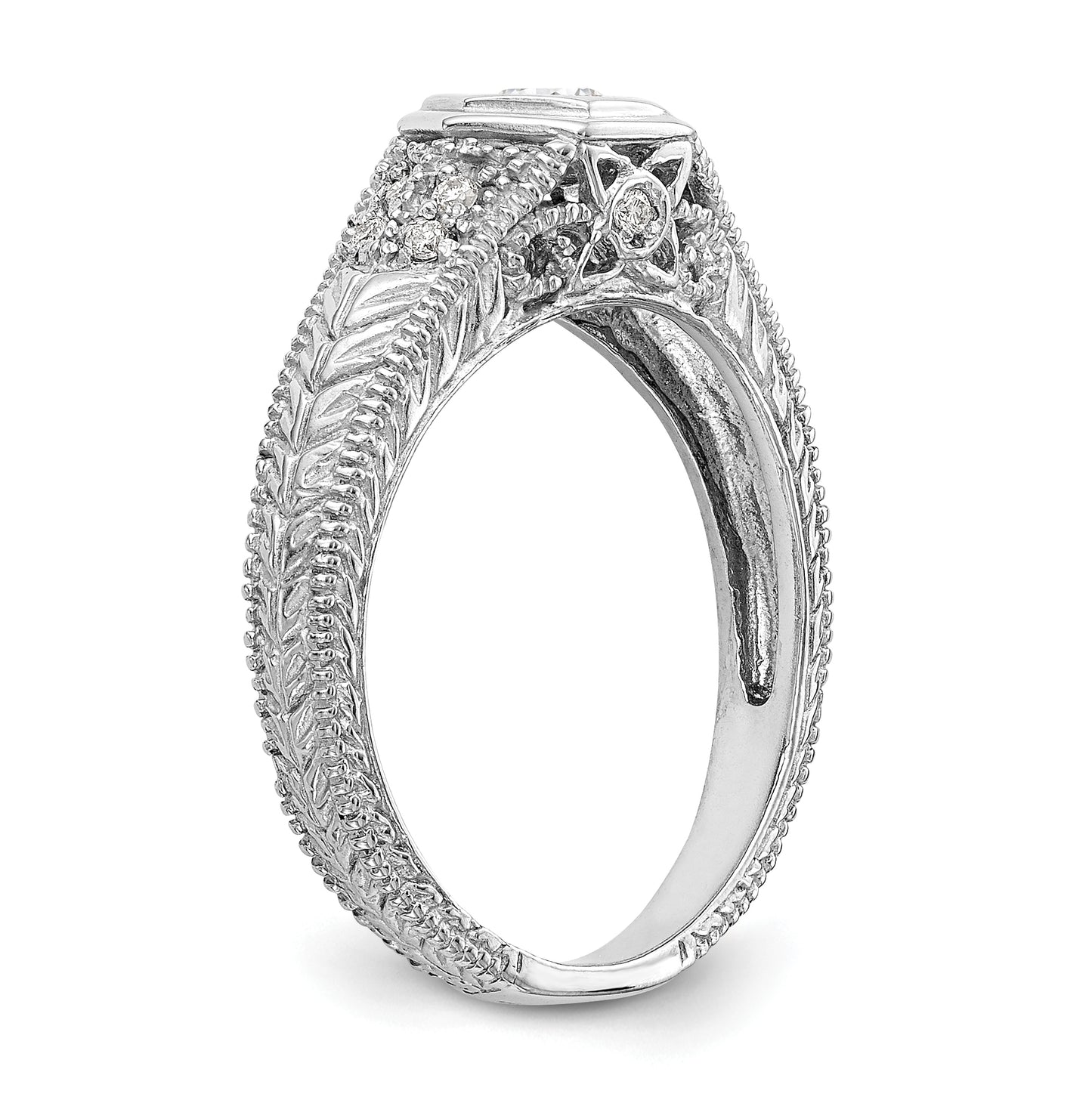 14K White Gold (Holds 1/6 carat (3.5mm) Round Center Hexagon Bezel) 1/20 carat Diamond Semi-Mount Engagement Ring