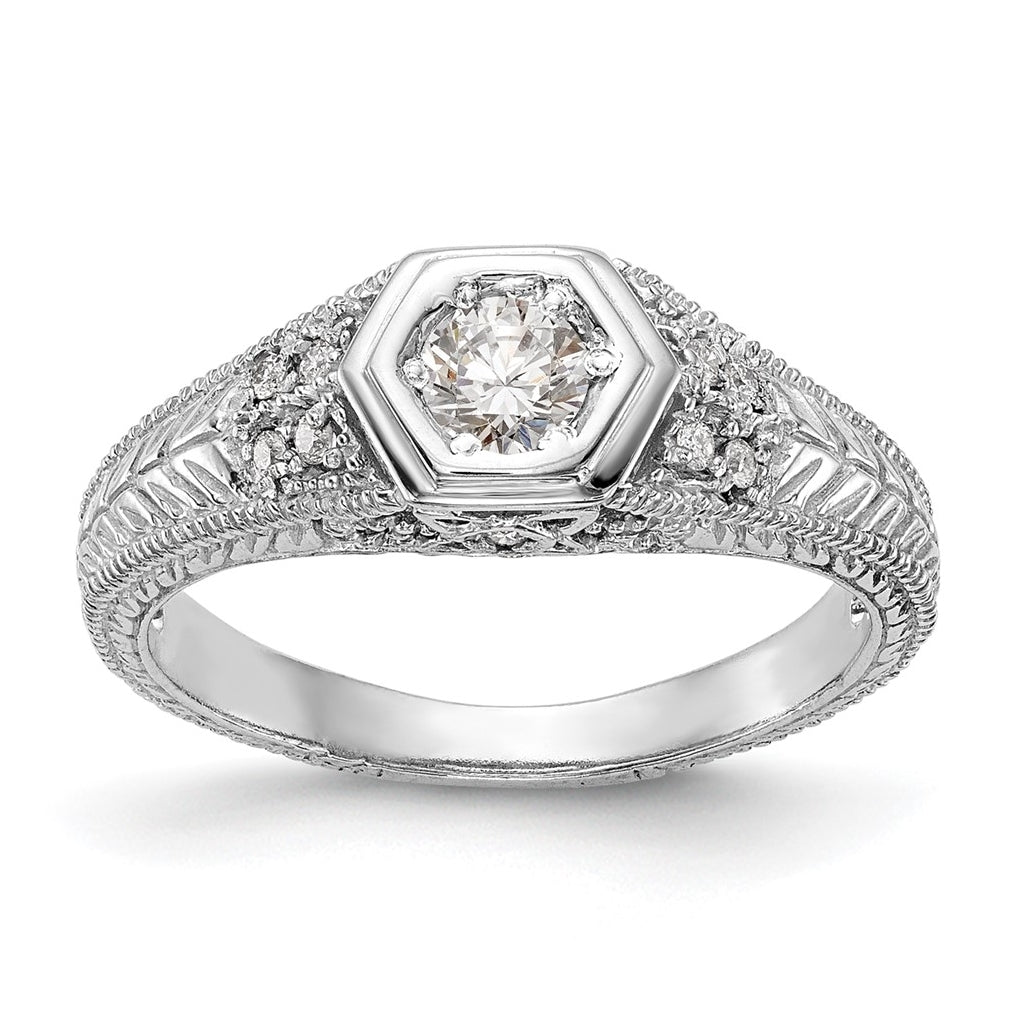 14K White Gold (Holds 1/6 carat (3.5mm) Round Center Hexagon Bezel) 1/20 carat Diamond Semi-Mount Engagement Ring