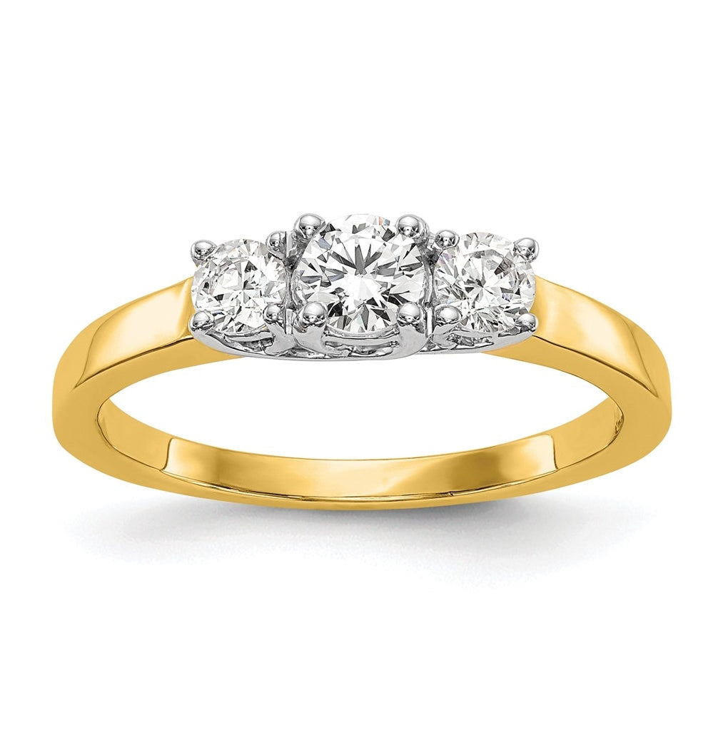 14K Two-tone 3-Stone (Holds 1/4 carat (4.1mm) Round Center) Includes 2-3.2mm Round Side Diamonds Semi-Mount Engagement Ring