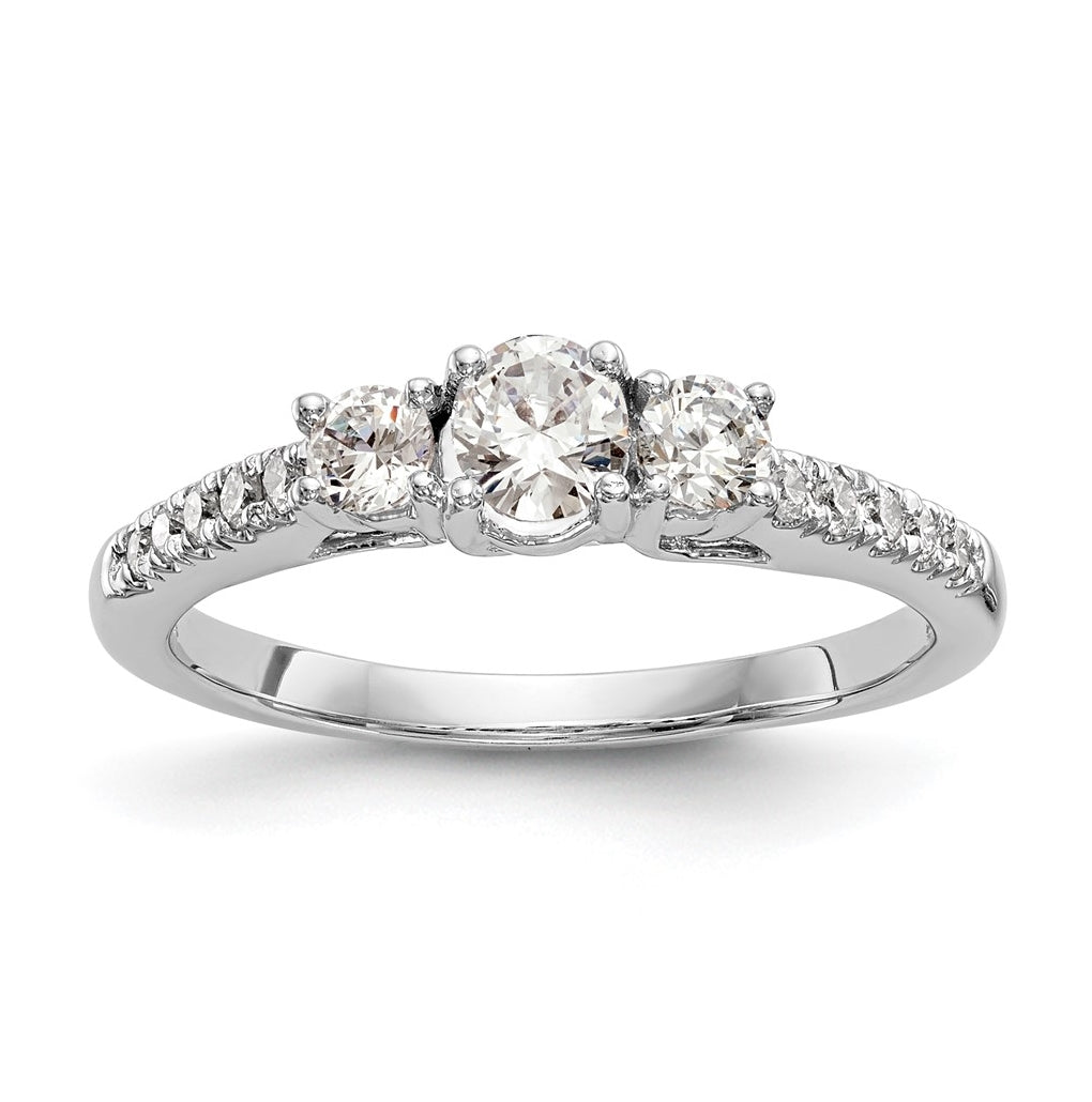14K White Gold 3-Stone Plus (Holds 1/3 carat (4.5mm) Round Center) Diamond Semi-Mount Engagement Ring