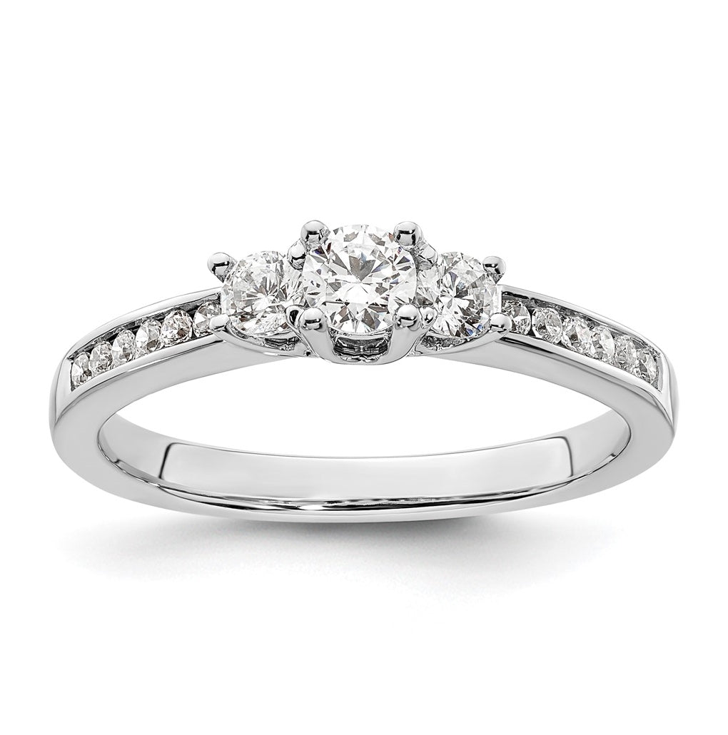 14K White Gold 3-Stone Plus (Holds 1/6 carat (3.5mm) Round Center and (2-2.9mm) Round Sides) Diamond Semi-Mount Engagement Ring