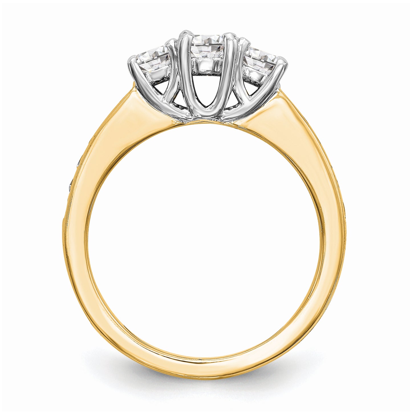 14K Two-tone 3-Stone Plus (Holds 1/3 carat (4.5mm) Round Center and (2-3.8mm) Round Sides) Diamond Semi-Mount Engagement Ring