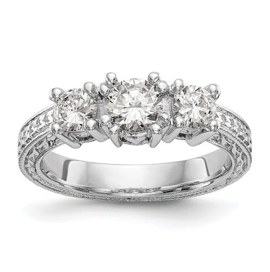 14K White Gold 3-Stone (Holds 5.2mm Round Center) Includes 2-4.1mm Round Side Diamonds Semi-Mount Engagement Ring