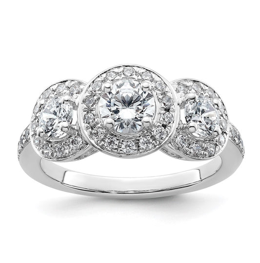 14K White Gold 3-Stone Plus (Holds 1/2 carat (5.2mm) Round Center and (2-4.00mm) Round Sides) Diamond Halo Semi-Mount Engagement Ring