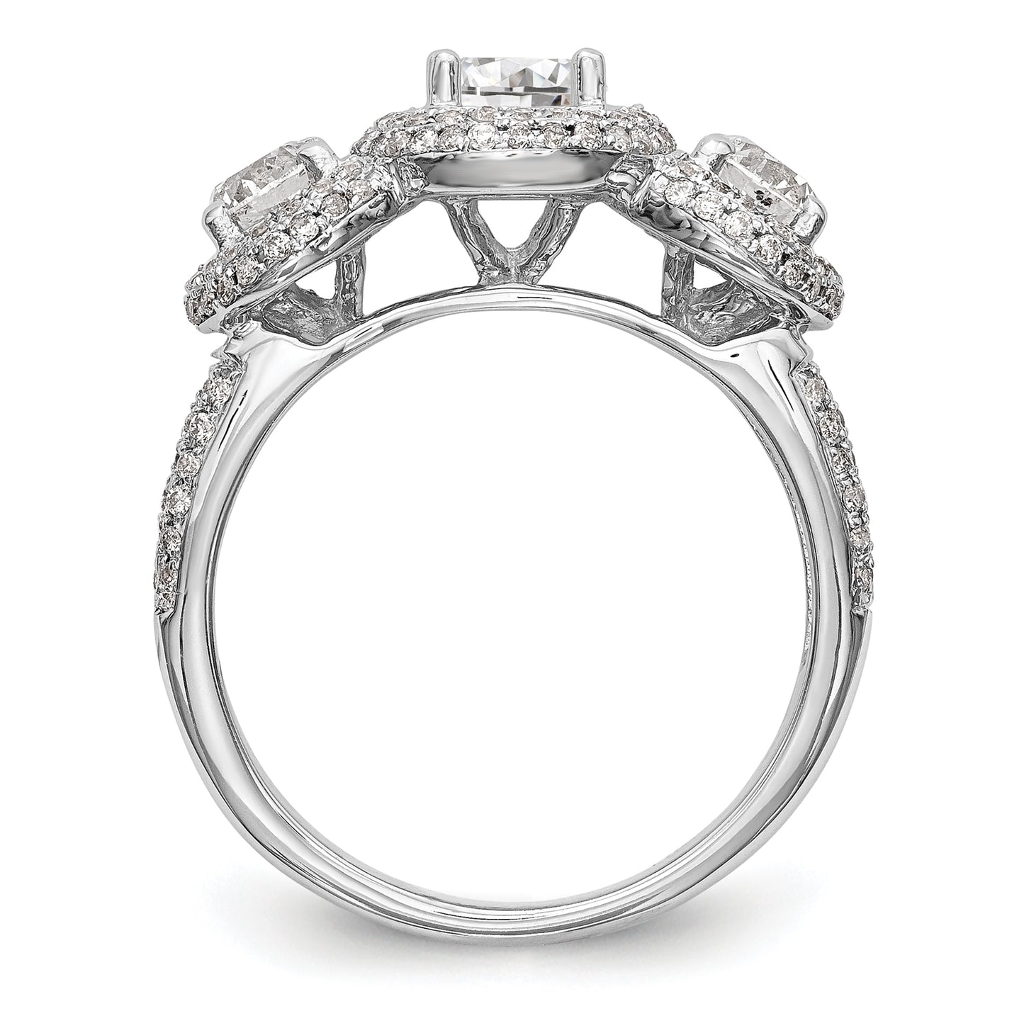 14K White Gold 3-Stone Plus (Holds 5/8 carat (5.5mm) Round Center and (2-4.5mm) Round Sides) Diamond Halo Semi-Mount Engagement Ring