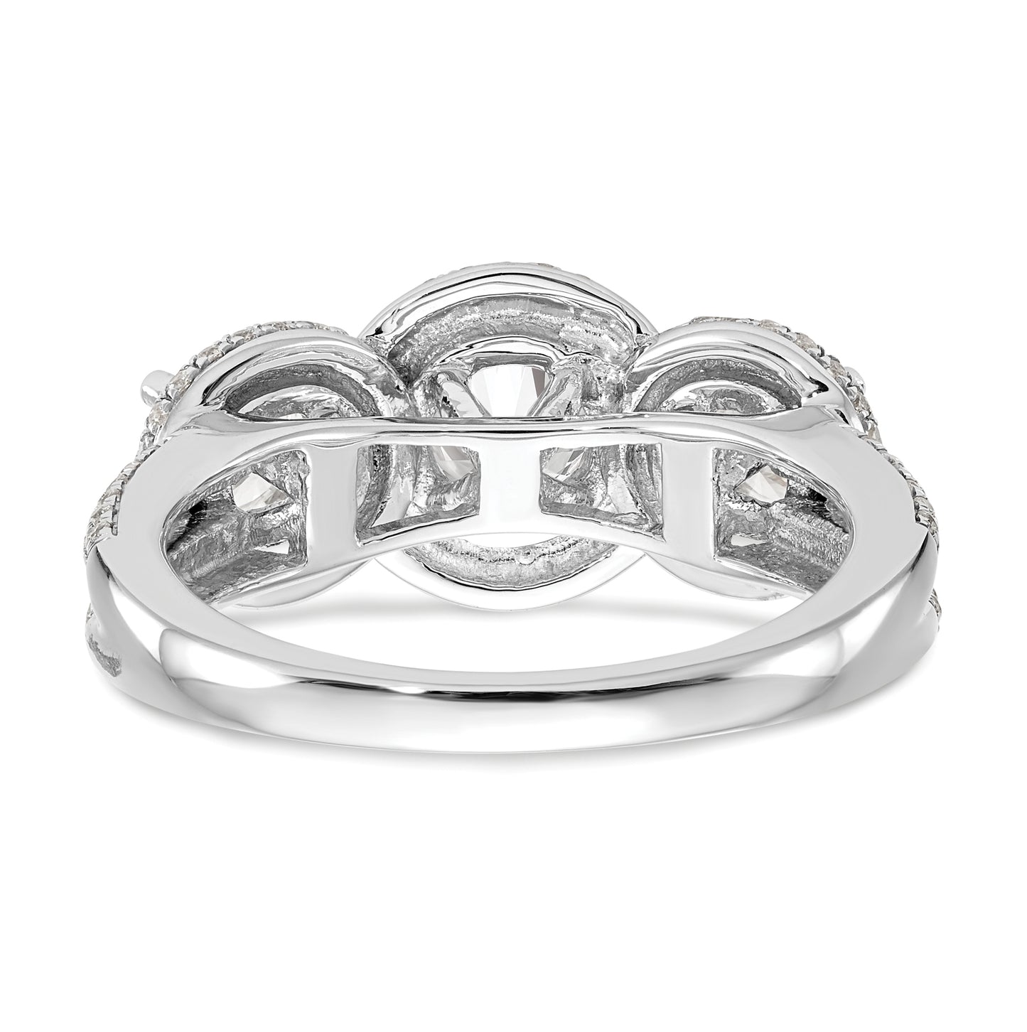 14K White Gold 3-Stone Plus (Holds 5/8 carat (5.5mm) Round Center and (2-4.5mm) Round Sides) Diamond Halo Semi-Mount Engagement Ring