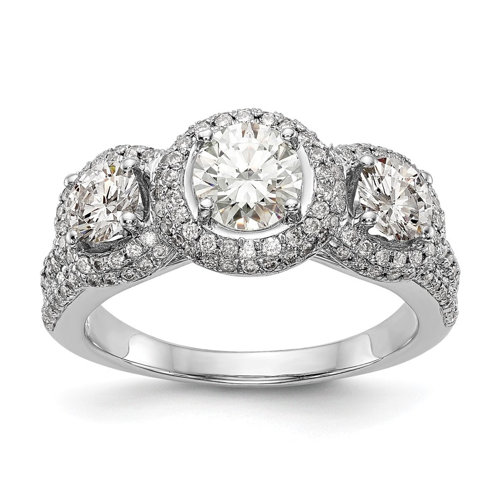14K White Gold 3-Stone Plus (Holds 5/8 carat (5.5mm) Round Center and (2-4.5mm) Round Sides) Diamond Halo Semi-Mount Engagement Ring