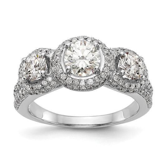 14K White Gold 3-Stone Plus (Holds 5/8 carat (5.5mm) Round Center and (2-4.5mm) Round Sides) Diamond Halo Semi-Mount Engagement Ring