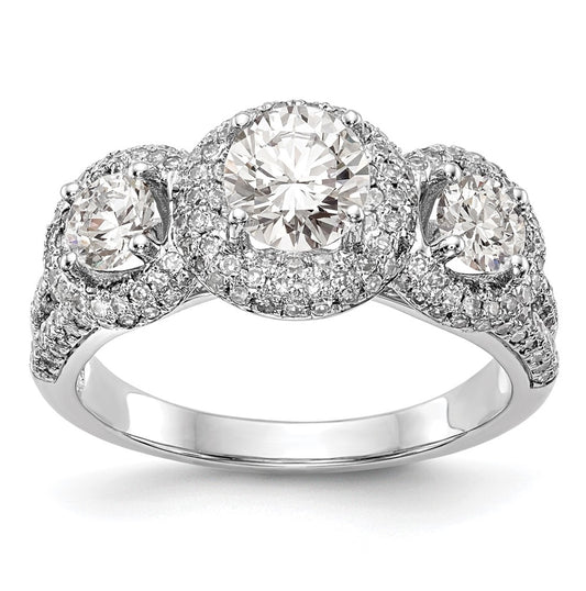 14K White Gold 3-Stone Plus (Holds 3/4 carat (5.8mm) Round Center and (2-4.00mm) Round Sides) Diamond Halo Semi-Mount Engagement Ring