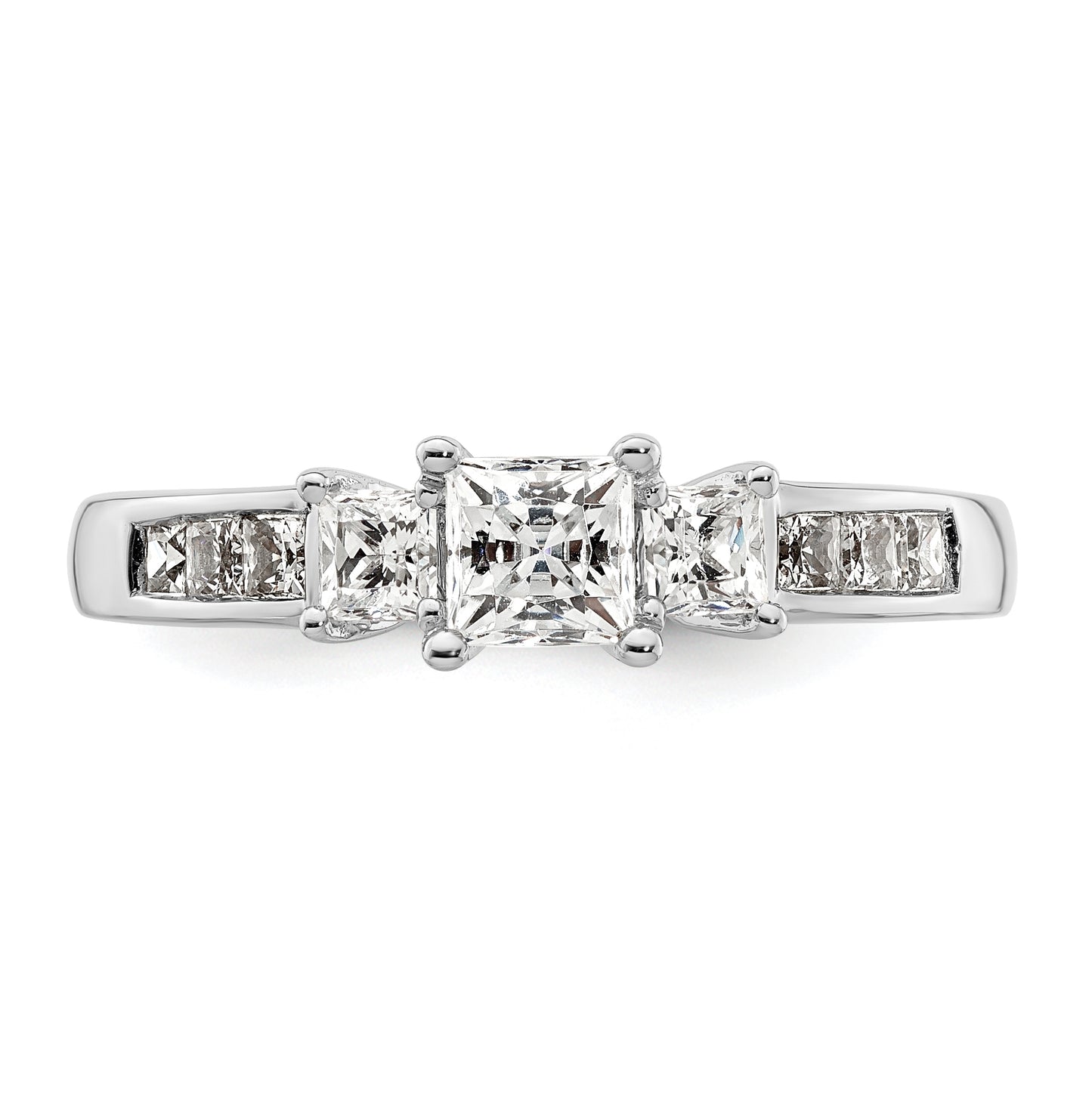 14K White Gold 3-Stone Plus (Holds 1/2 carat (5.2mm) Princess Center and (2-2.8mm) Princess Sides) Diamond Semi-Mount Engagement Ring