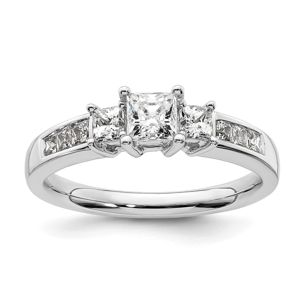 14K White Gold 3-Stone Plus (Holds 1/2 carat (5.2mm) Princess Center and (2-2.8mm) Princess Sides) Diamond Semi-Mount Engagement Ring