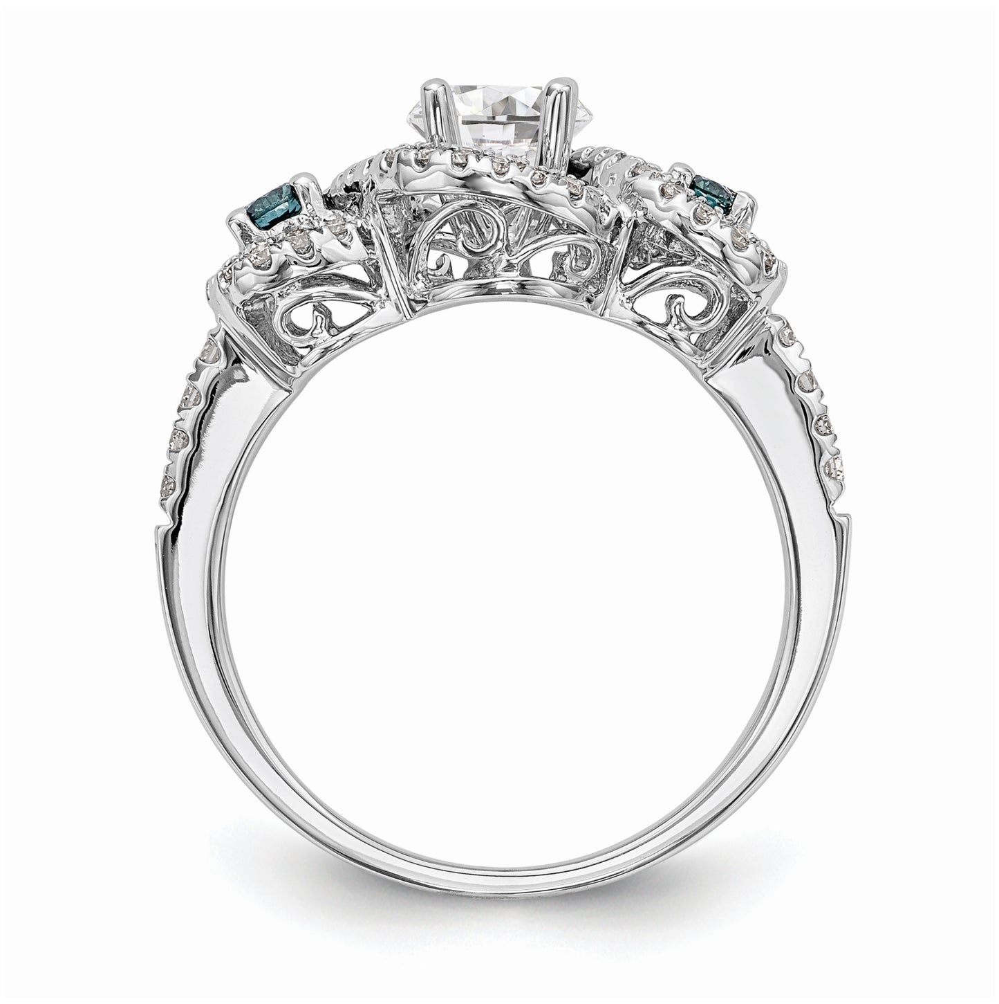 14k White Gold Blue and White Diamond Semi-Mount Including 2-Sapphire Side Stones Engagement Ring