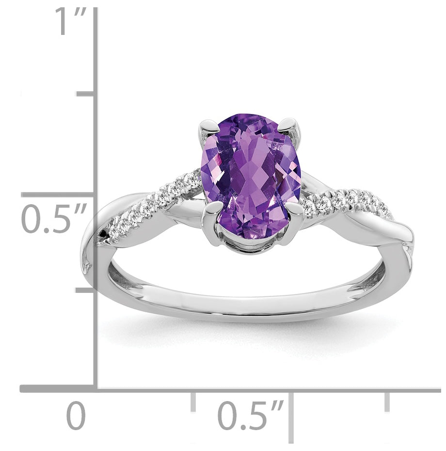 14k White Gold Oval Amethyst and Diamond Ring, Size 6