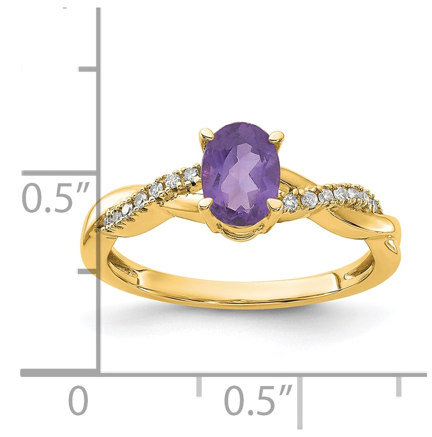 14K Yellow Gold Oval Amethyst and Diamond Ring, Size 6