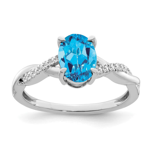 14k White Gold Oval Blue Topaz and Diamond Ring, Size 7