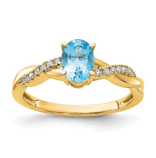 10K Yellow Gold Oval Blue Topaz and Diamond Ring, Size 7