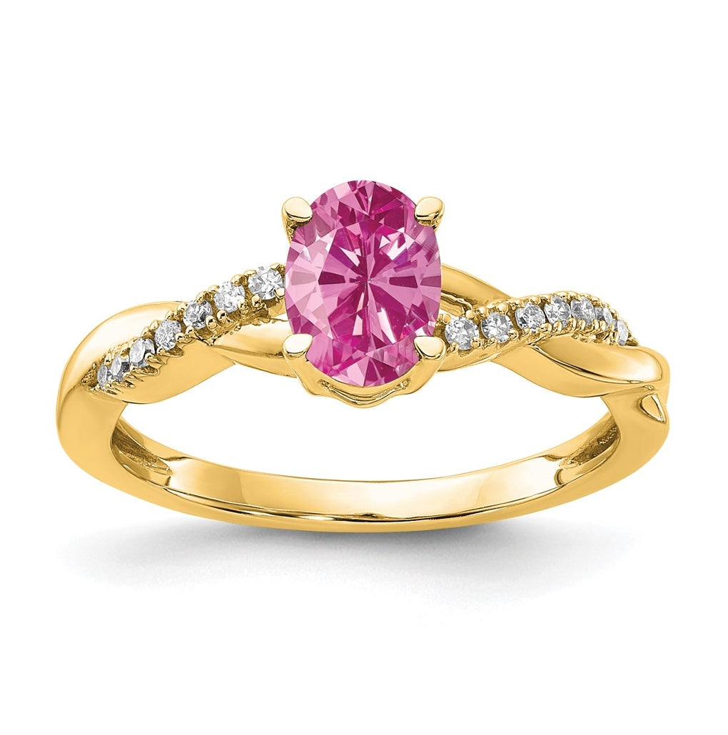 10K Yellow Gold Oval Created Pink Sapphire and Diamond Ring, Size 7
