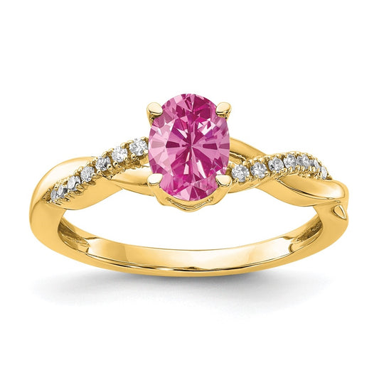 10K Yellow Gold Oval Created Pink Sapphire and Diamond Ring, Size 7