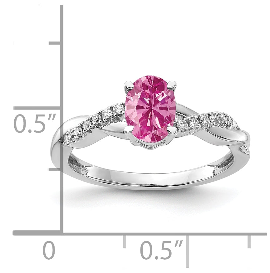 14K White Gold Oval Created Pink Sapphire and Diamond Ring, Size 7