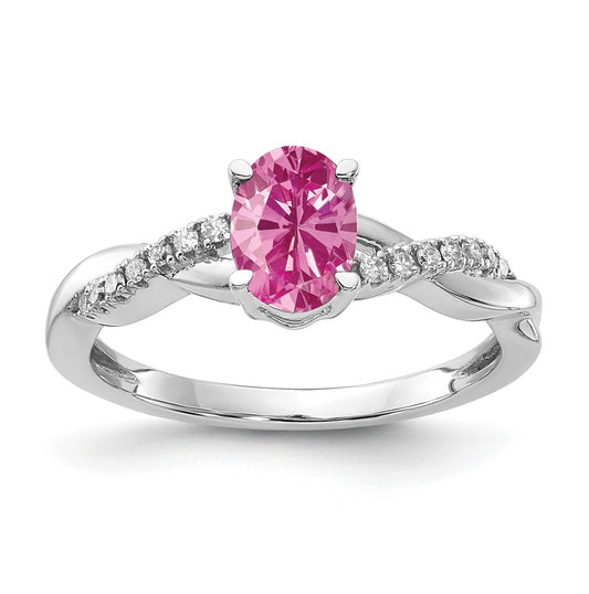14K White Gold Oval Created Pink Sapphire and Diamond Ring, Size 7