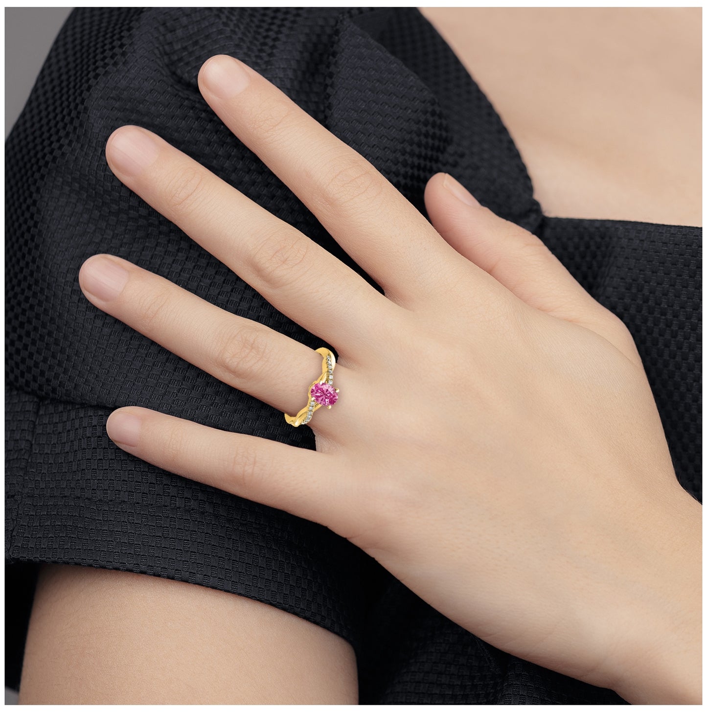 14K Yellow Gold Oval Created Pink Sapphire and Diamond Ring, Size 7
