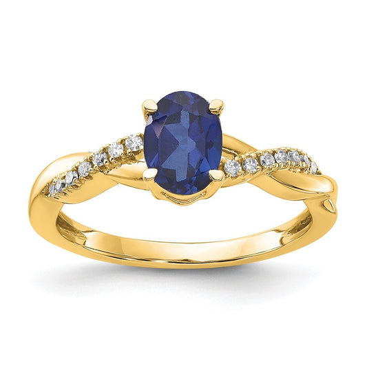 14K Yellow Gold Oval Created Sapphire and Diamond Ring, Size 7